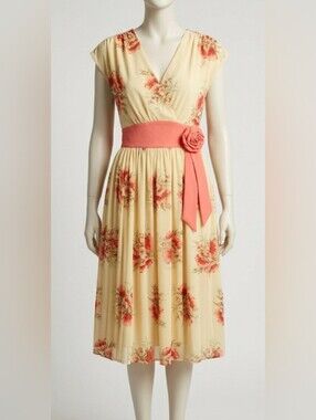 Last Chance Vintage Inspred Floral Midi Dress with Coral Waist (Sz6)  Event
